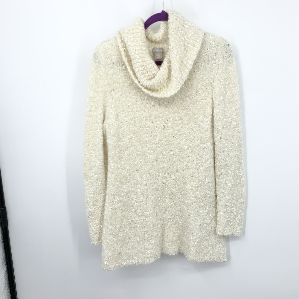 Chicos Women Size 2 Large 12 Sweater Cream White Fuzzy Knit‎ Cowl Tunic Top